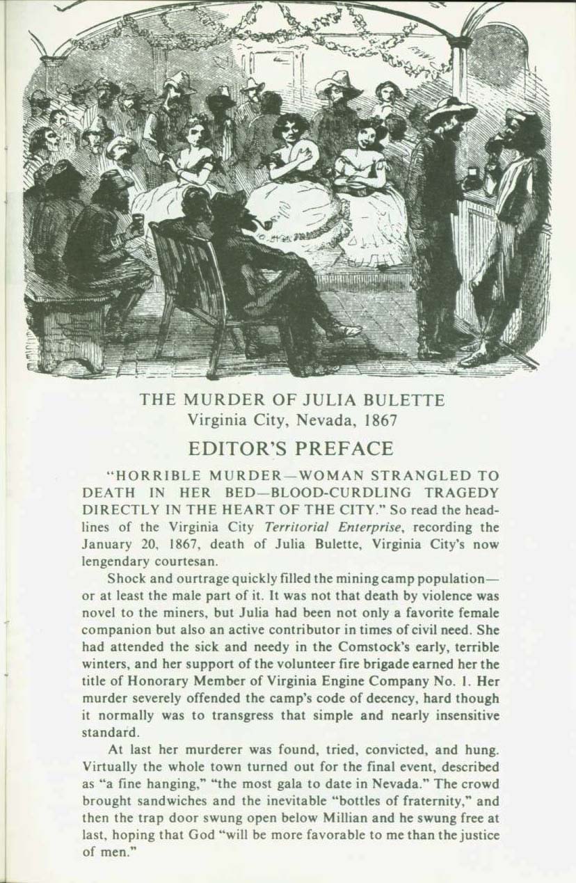 The Murder of Julia Bulette: Virginia City, Nevada; 1867--with the life and confession of John Millian, convicted murderer. vist0044a